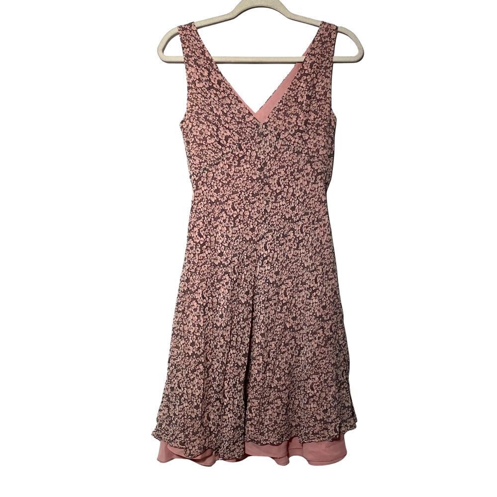 LOFT 100% Silk Floral Fit Flare Dress Pink Black V Neck Size 6
